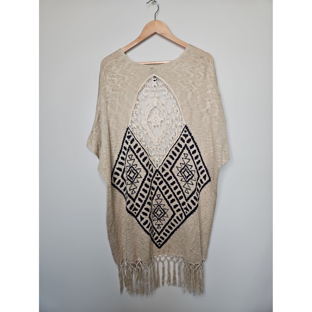 Allie & Rob Crochet Cardigan M Oatmeal Boho Aztec Southwest Western Cotton Chic